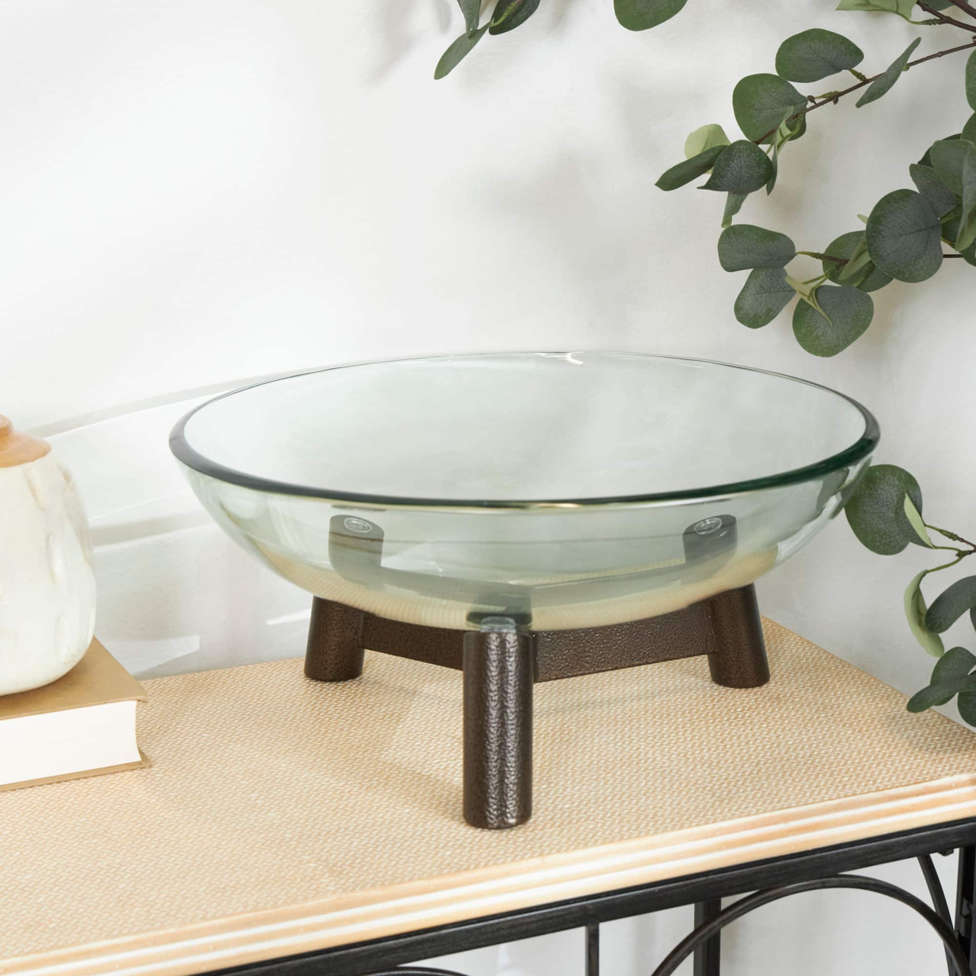 9" Clear Glass Serving Bowl with Bronze Hammered Y-Shaped Stand